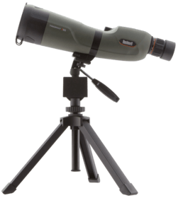 Bushnell Trophy Xtreme 20-60x 65mm objective angled spotting scope features a tripod and mounting base
